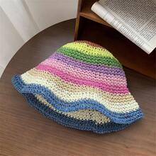 1pc Hand-Woven Rainbow Striped Bucket Hat, Breathable Bucket Hat For Summer - Multicolor - View 13