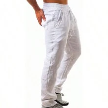 Pantalón De Algodón Y Lino Para Hombre Playa Descanso Moda - Blanco - Ver 5