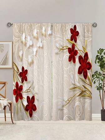 2pcs Red Flower Printed Window Curtain,Without Holes Curtain, Refer To Bedroom Office Kitchen Living Room Study Home Decor