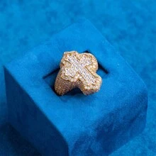 1入組嘻哈風格珠寶鑲嵌立方氧化鋯三行長方形戒指，銀色或金色鍍層適用於男士 - 金色 - 查看 4