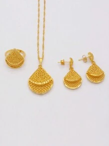 Bộ trang sức cưới cao cấp Dubai, mạ vàng, gồm dây chuyền, mặt dây chuyền, bông tai và nhẫn dành cho nữ. - Vàng - Xem 4