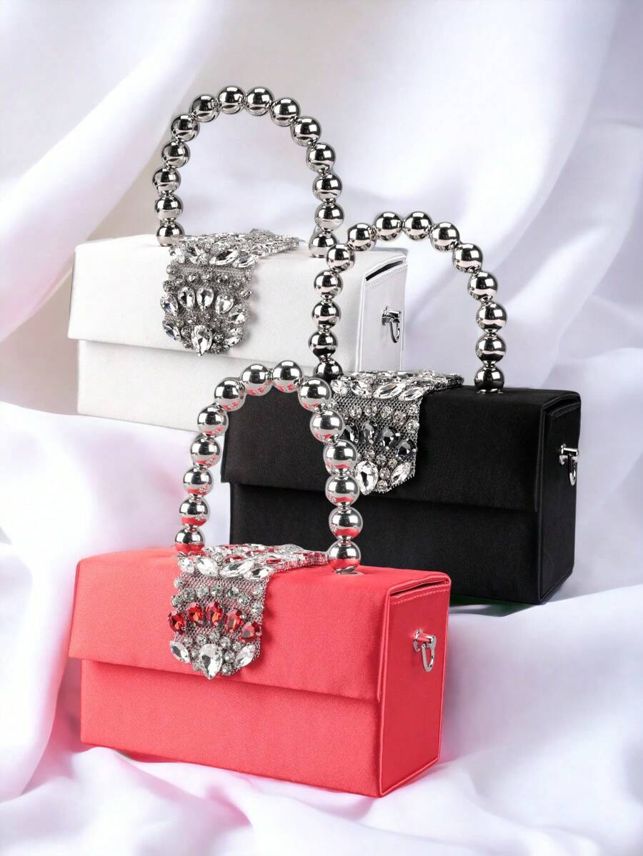 Ví cầm tay buổi tối dành cho nữ thanh lịch thời trang, túi đeo vai, dây đeo vai đính cườm, kim loại bạc lấp lánh, trang sức kim cương, kim cương lớn, thích hợp cho các bữa tiệc, họp mặt, đám cưới, vũ hội tốt nghiệp, tiệc, hẹn hò.