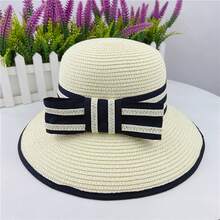 Mũ che nắng thời trang cho mùa hè, có thể gập lại, chống nắng, phong cách ngư dân, hoàn hảo cho du lịch, giải trí và nơ bảo vệ mặt - Mũ rơm buộc lớn màu đen và trắng - Xem 15