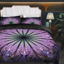 3入組時尚抽象式被套套裝，紫色花卉印花床上用品套裝，帶拉鍊閉合，柔軟舒適的被套，適用於臥室、客房、宿舍裝飾（1*被套+2*枕套，不含芯） - 彩色 - 查看 4