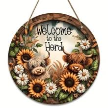 1入組圓形木質招牌，高地牛向日葵歡迎招牌- 鄉村風格木質牆飾(7.9"X7.9")- 適用於家居、花園、柵欄、車庫，不需要電力或羽毛 - 多色5 - 查看 1