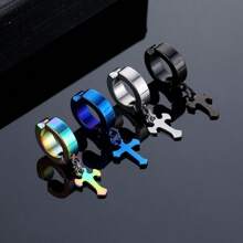 1pc Cross Stainless Steel Pendant Fake Ear Clip, For Non-Pierced, Punk Style - Earring - View 2