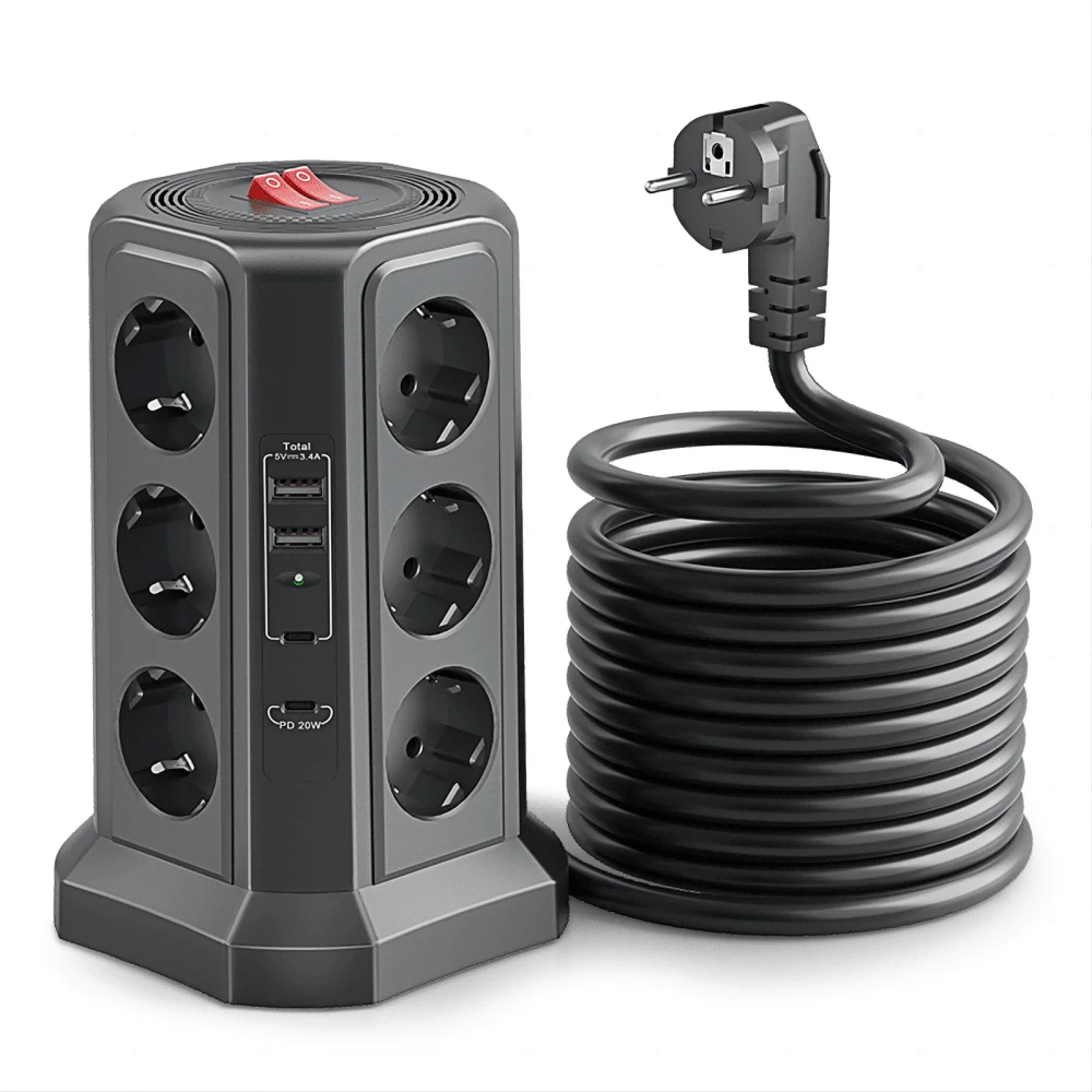 歐規塔型帶開關及過壓保護電源條，1.8m延長線，PD 20W快速充電（4000W 16A），3層12個AC插座及2個USB-A埠和2個USB-C埠。 - 查看 1