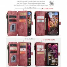 Caseme錢包手機殼，耐用PU皮革磁翻蓋手帶拉鍊卡片收納袋手機殼，與iPhone Samsung Redmi兼容，紅色 - 酒紅色 - 查看 3