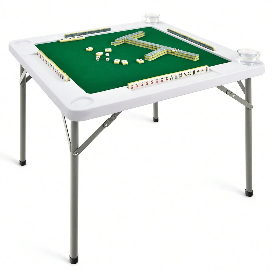 88cm Folding Mahjong Table, Portable Mahjong Table W/ Wear-Resistant PVC Desktop, 4 Cup Holders & 4 Chip Grooves, Foldable Card Table For Table Games, Poker, Camping, Outdoor Activities - Green - View 1