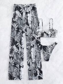 Conjunto De Bikini De 3 Piezas Con Estampado Tropical Y Corte Alto Para Playa De Verano Con Cubierta,Bañador Bikini Halter Con Estampado Tropical,Bañadores Para Fest - Negro - Ver 5