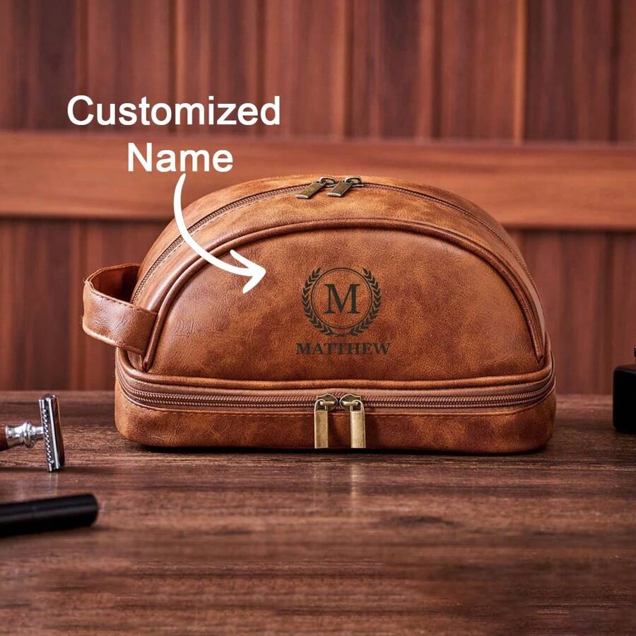 Personalized Toiletry Bag For Men, Customized Leather Travel Toiletries Bag Large Capacity, Makeup Bag ,Customized Groomsmen Dopp Kit Shaving Bag, Father Day Gift, Birthday, Husband, Grandpa, Christmas Wash Bag For Bathroom College Dorm Portable Multifunctional Student - Brown - View 1