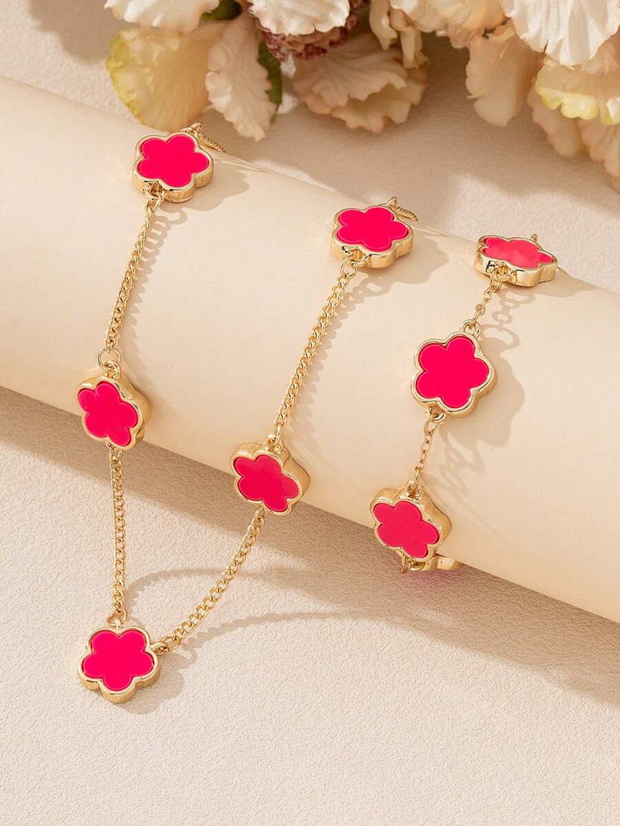 1pc Sweet And Graceful Lucky Clover Pendant Women's Necklace, With 1pc Bracelet Set Valentines - Hot Pink - View 1