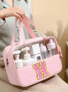 1 PC Fashionable New Square Solid Color PU&PVC Leather Fabric With Floral Letter Print Waterproof Zippered Top And Women's Makeup Bag With A Carrying Strap Design Suitable For College Student For Vacation Holiday For Travel For School Beach Bag Beach Essentials Beach Towel Organizer Beach Accessories Beach Stuff For Summer(Pink) Back To School Supplies