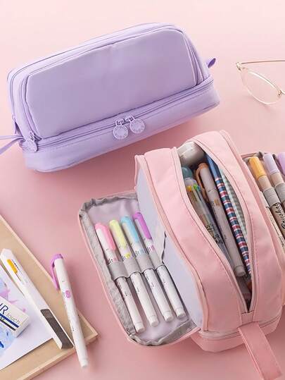 Estuche de lápices Angoo de apertura doble con 4 compartimentos, cremallera y asa portátil, organizador de almacenamiento para papelería, vuelta al colegio, estuche escolar, bolso escolar