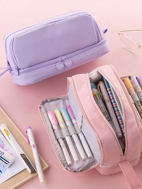 Estuche de lápices Angoo de apertura doble con 4 compartimentos, cremallera y asa portátil, organizador de almacenamiento para papelería, vuelta al colegio, estuche escolar, bolso escolar