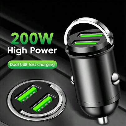 200W Mini Dual Ports USB Car Charger Fast Charging Car Phone Charger Adapter Compatible With IPhone USB Charger In Car