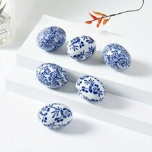 6 颗手绘陶瓷复活节彩蛋，经典蓝白色装饰蛋，2.36 英寸 * 1.57 英寸节日装饰，适用于家庭客厅办公室装饰、母亲节春季复活节礼物 - 彩色 - 查看 6
