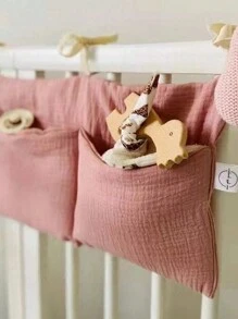 Baby Crib Storage Hanging Bag Stroller Pure Cotton Multifunctional Diaper Diaper Molar Toys Laminated Storage Bag(Pink)