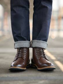 Men's Dress Ankle Motorcycle Boots Wingtip Leather Lined Derby Oxfords - Chocolate Brown - View 3