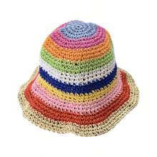 1pc Hand-Woven Rainbow Striped Bucket Hat, Breathable Bucket Hat For Summer - Multicolor - View 5