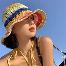 1pc Hand-Woven Rainbow Striped Bucket Hat, Breathable Bucket Hat For Summer - Multicolor - View 8
