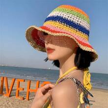 1pc Hand-Woven Rainbow Striped Bucket Hat, Breathable Bucket Hat For Summer - Multicolor - View 7