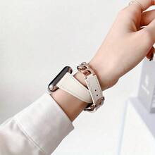 相容於Apple Watch 38mm、40mm、41mm、42mm、44mm及45mm系列9、8、7、6、5、4、3、2、1 SE SE2女、男通用，經典不鏽鋼皮革手錶帶 - 白色 - 查看 3