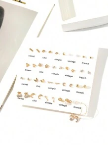 40入組兔子形狀珍珠和鑽石釘耳環，金屬色調，時尚女性配對套裝 - 彩色 - 查看 2