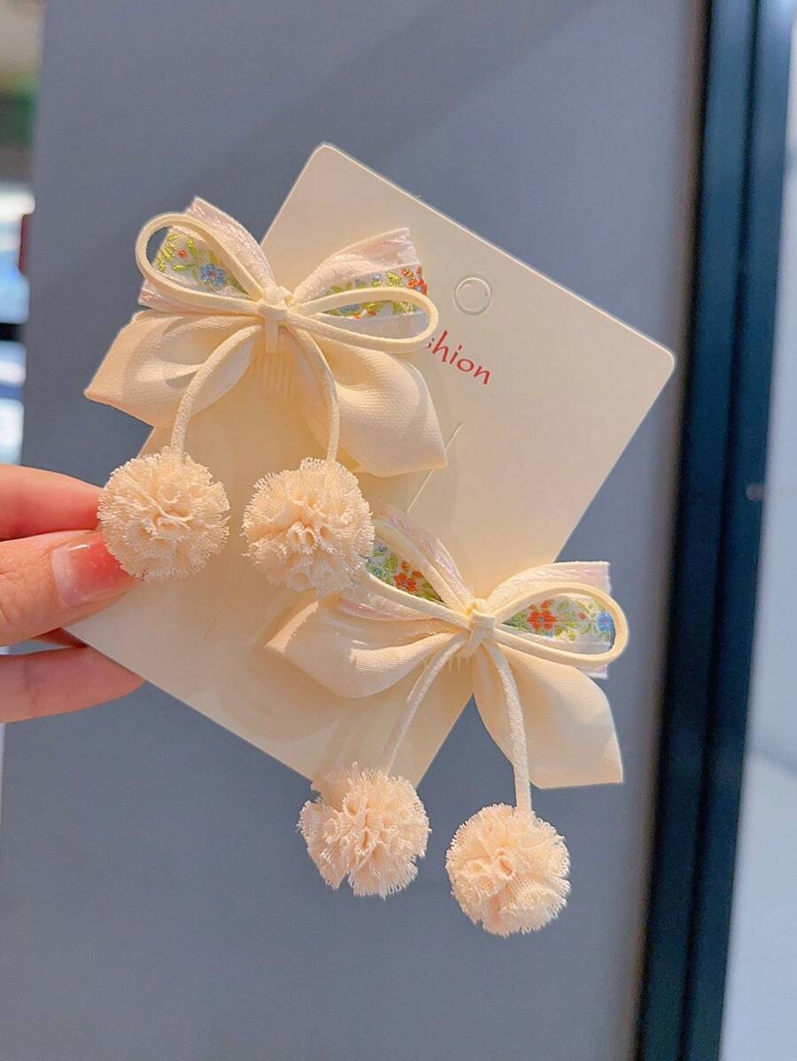 2个优雅蝴蝶结发夹 - 米色 - 查看 1