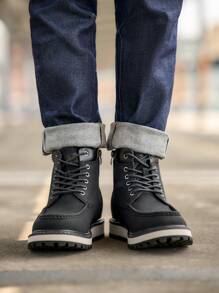 Men's Moc Toe Winter Wedge Boots Fashion Comfortable Casual Walking Shoes Lightweight Outdoor Boots - 黑色 - 查看 2