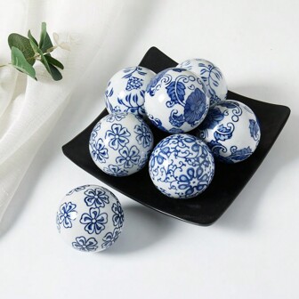6pcs Blue And White Ceramic Balls, Contemporary Style Ceramic Decor Balls, Multipurpose And Elegant Desktop Decoration For Home, Living Room, Office Year-Round Celebration Best Gifts Birthday Graduation