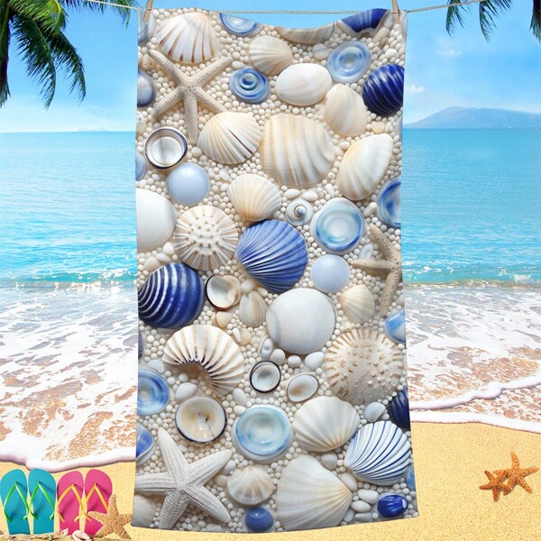 1 pieza Toalla de playa con estampado de conchas marinas, de fibra ultrafina de un solo lado, súper absorbente y suave, extra grande y ligera, adecuada para la playa y la , fácil de limpiar y cuidar, cómoda de usar, esencial de playa, accesorios de playa, flotador de piscina