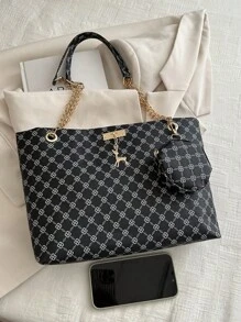 2024 New Women's Personalized Large Capacity Handbag, Fashionable Retro Chain Tote Bag With Printed Design, Suitable For Commuting, Shoulder And Handheld