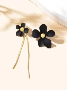 1 Đôi bông tai thời trang bất đối xứng bằng dây chuyền vàng và đính hoa đen, quà tặng trang sức cho nữ, thích hợp cho tiệc tùng và đeo hàng ngày. - màu đen - Xem 1