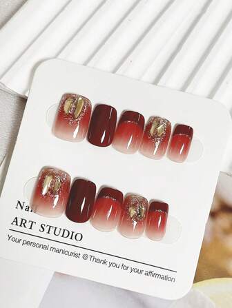 10pcs Pure Handmade Short French Wine Red Champagne Rhinestone Nail Wraps Set With Jelly Glue And Nail File Press On Nails Nail Supplies
