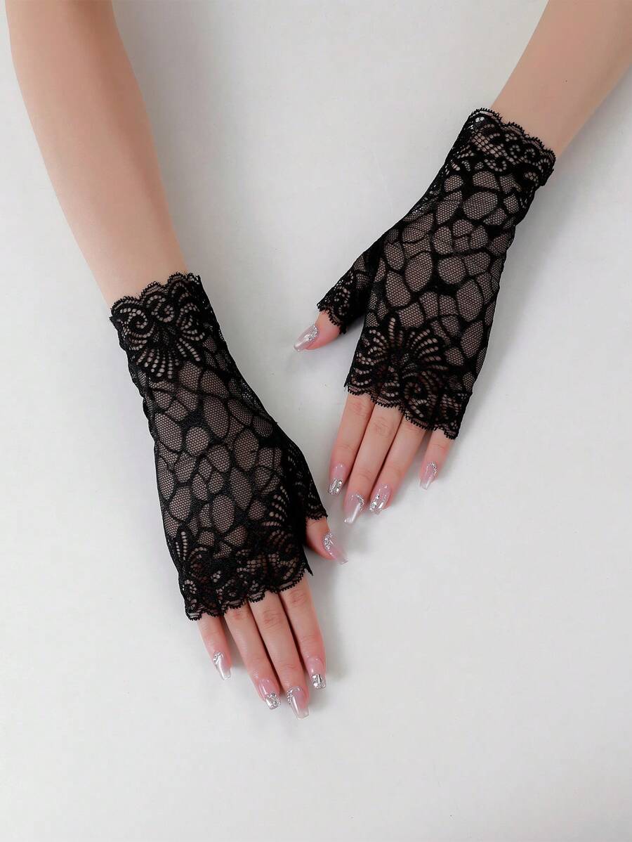 Lace Half Finger Gloves, Sunscreen & UV-Protection For Driving, Scar/Tattoo/Injury Cover, Breathable Mesh Gloves - Black - View 1