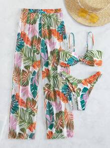 Conjunto De Bikini De 3 Piezas Con Estampado Tropical Y Corte Alto Para Playa De Verano Con Cubierta,Bañador Bikini Halter Con Estampado Tropical,Bañadores Para Fest - Multicolor - Ver 6