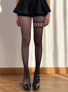 Un par de medias caladas negras AB para mujeres, de rayas finas de verano, con tirantes falsos, pantimedia integrada, medias de red asimétrica de puntos, medias ajustadas de seda negra sexy - Negro - Ver 4