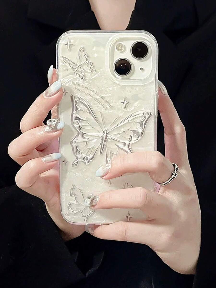 High-End Butterfly Magnetic Shell Stand With Seashell Pattern, Compatible With IPhone 15/14 Pro Max/12/11/13, Popular And Design With Anti-Fall Protection For Women - White - View 1