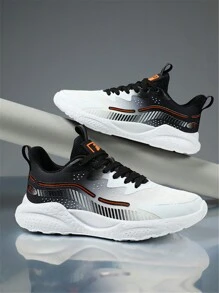 Men's Unique Design Black & White Contrast Mesh Comfortable Casual Sneakers, Lightweight Outdoor Leisure Couple Sport Shoes - White and Black - View 2