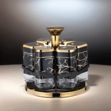 6pcs/Set Kitchen Seasoning Bottle Set With Glass Jars And Rotating Holder - Black - View 3