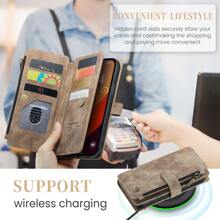 Caseme錢包手機殼耐用PU皮膚磁翻蓋帶手環拉鍊卡片插槽，與iPhone Samsung Redmi兼容的手機殼 - 棕色 - 查看 5