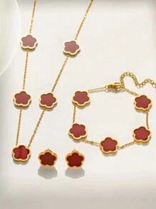 3pcs Women's Fashionable Black Floral Oil Drop Necklace, Bracelet And Earrings Set, Stainless Steel Material - Perfect For Everyday Wear - White - View 9