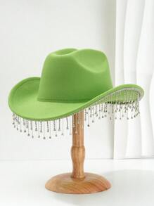 1pc Solid Color Unique Personality Sparkling Rhinestone Tassel Hat, With Shewee Cowgirl Hat, Suitable For Girlcore, Vintage, Floral, Spring Summer Bright Colors, Pink Aesthetic, Novel Punk Style Wide Brim BR Street Fashion, 2024 Wedding Essentials, Classy Aesthetic, Dinner Party Essentials, Suitable For Parties, Western-Themed Events, Gatherings, Engagement Parties, Cosplay, Graduation Ceremonies, Masquerades, Festivals, Weddings, Birthday Celebrations, Music Festivals, Coming-Of-Age Ceremonies Halloween