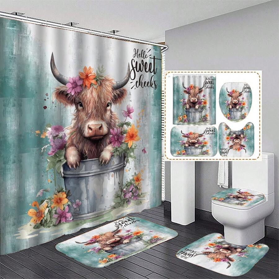 1入組/4入組可愛的高地牛淋浴簾套裝- 复古花紋浴室地墊，U型地墊，坐墊墊，防水防滑浴室裝飾配件，附有12個塑料掛鉤，70.8英寸寬x70.8英寸高 - 彩色 - 查看 1