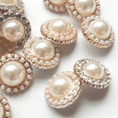 10pcs Plastic Pearlescent With Rhinestones Round/Heart Shaped Buttons With Shank For Women's Shirts, Coats, Blazers. Gold-Plated Plastic DIY Jewelry Headband Buttons