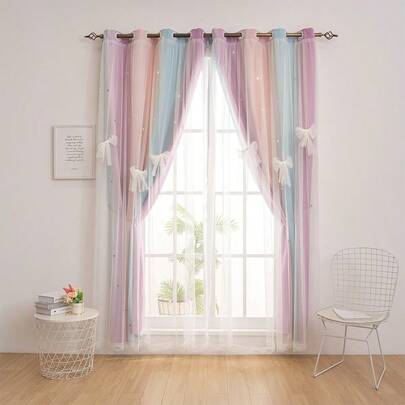 1 Bảng điều khiển rèm cửa sổ tuyệt đối hai lớp màu hồng/tím/xanh và hình ngôi sao, rèm làm mờ hình ngôi sao kỳ lân bằng sợi polyester phong cách công chúa cho phòng bé trai và bé gái, phòng khách và phòng ngủ, trang trí nhà cửa