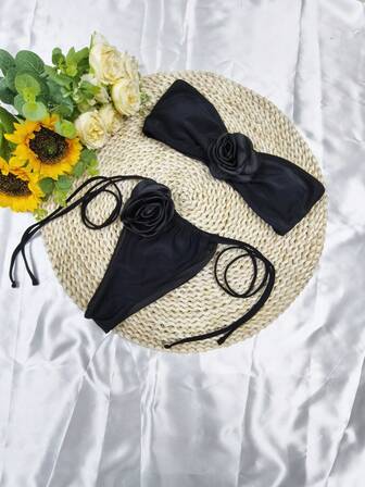 2024 Women's Sexy High-End 3D Flower Strapless Bikini Set Summer