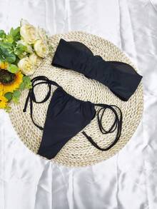 2024 女士性感高端 3D 花朵露肩比基尼套装夏季 - 黑色 - 查看 2