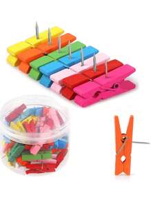 30pcs Colorful Wooden Clips Push Pins, Multipurpose For School And Office Use - Multicolor - View 1